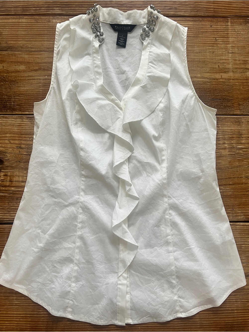White House BlackRuffled Sleeveless Blouse with Embellished Collar